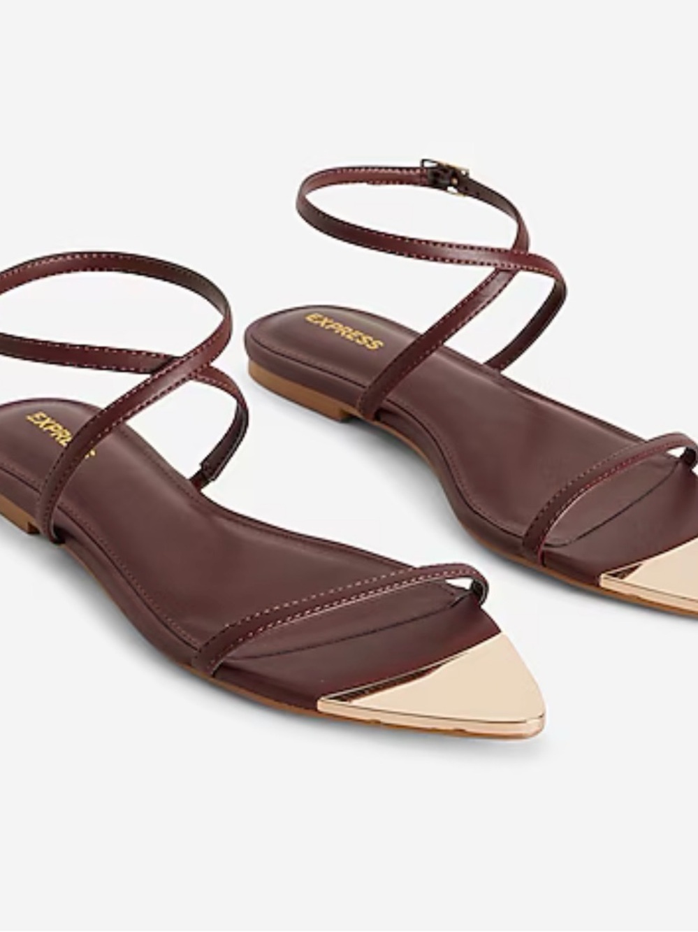 Express Women's Burgundy Strappy Pointed-Toe Sandals with Gold Toe Accent